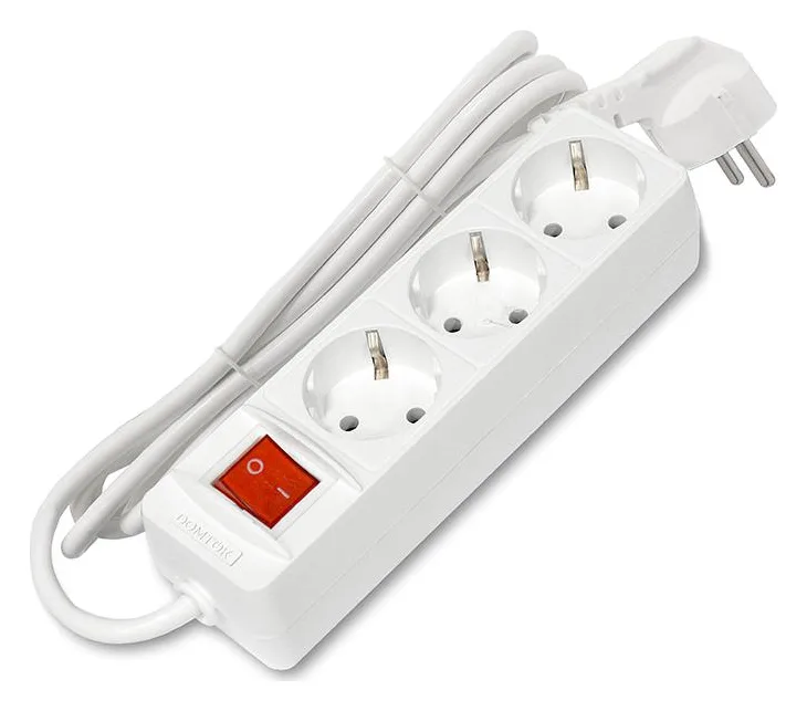 Удлинитель 3х1.5м с заземл. 16А IP20 3.5кВт ПВС 3х1 с выкл. бел. DOMTOK 2379