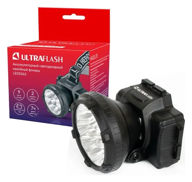 Фонарь аккумуляторный налобный LED5363 9LED 2 режима 220В пластик. черн. (бокс) Ultraflash 11257