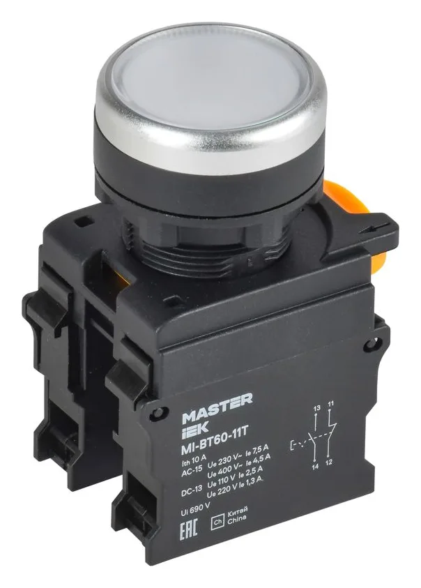 Кнопка d22мм 1НО+1НЗ MASTER с фиксацией бел. IEK MI-BT60-11T-3-21-K01