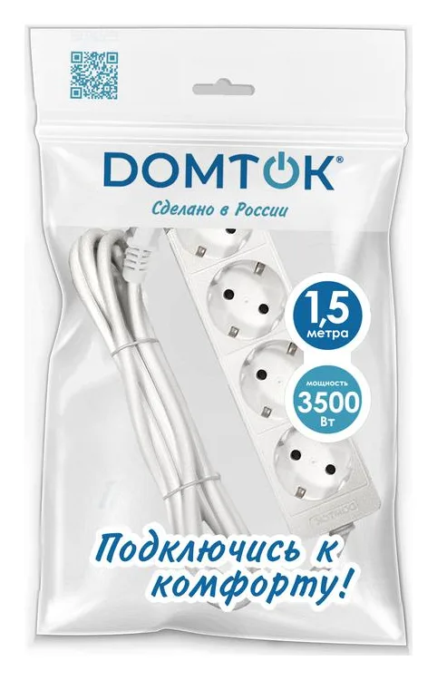 Удлинитель 4х1.5м с заземл. 16А IP20 3.5кВт ПВС 3х1 бел. DOMTOK 2394
