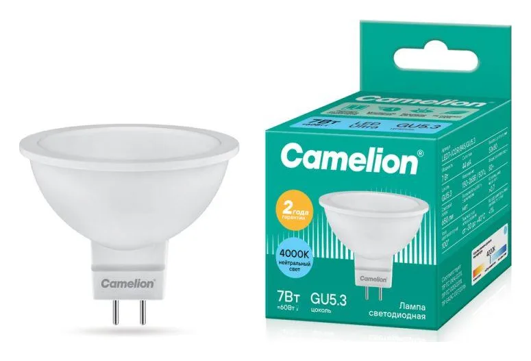 Лампа светодиодная LED7 JCDR/845/GU5.3 7Вт рефлектор матовая 4500К бел. GU5.3 495лм 220В Camelion 11657