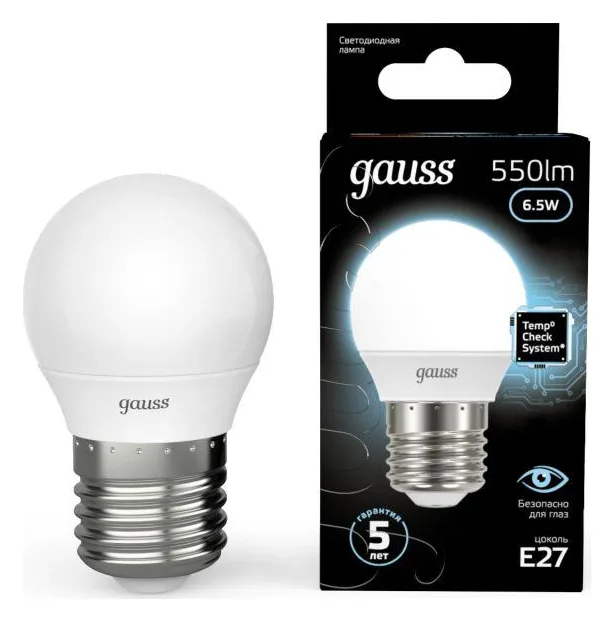 Лампа светодиодная Black 6.5Вт P45 шар 4100К нейтр. бел. E27 550лм GAUSS 105102207