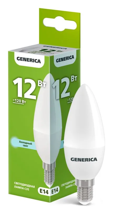 Лампа светодиодная C35 12Вт свеча 6500К E14 230В GENERICA LL-C35-12-230-65-E14-G