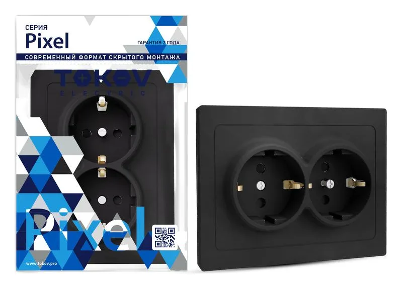 Розетка 2-м СП Pixel 16А IP20 с заземл. защ. шторки в сборе карбон TOKOV ELECTRIC TKE-PX-R2FZSF-C14