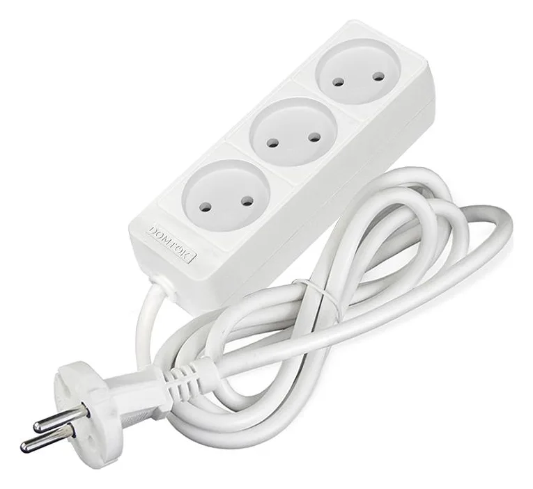 Удлинитель 3х1.5м без заземл. 10А IP20 2.2кВт ПВС 2х0.75 бел. DOMTOK 2370