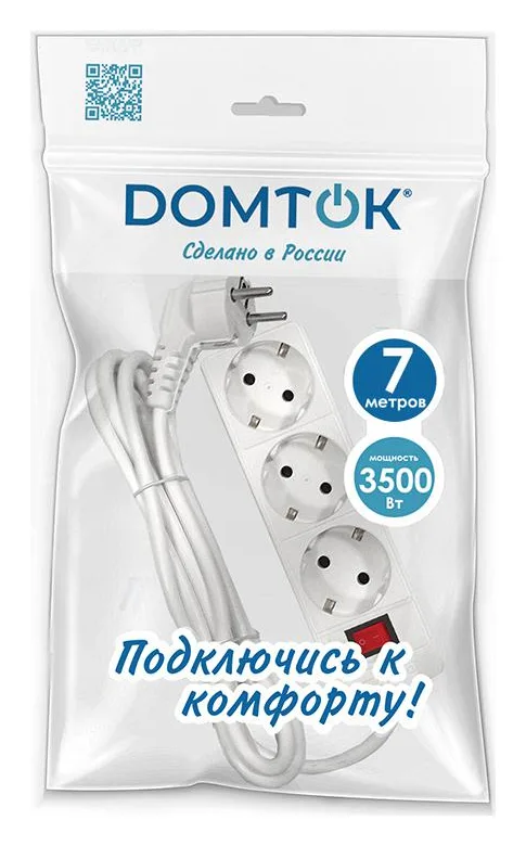 Удлинитель 3х7м с заземл. 16А IP20 3.5кВт ПВС 3х1 с выкл. бел. DOMTOK 2383