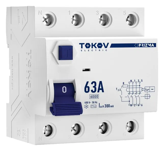 Выключатель дифференциального тока (УЗО) 4п (3P+N) 63А 300мА тип AC 6кА PRIZMA TOKOV ELECTRIC TKE-PZ60-RCDM-4-63-300-AC