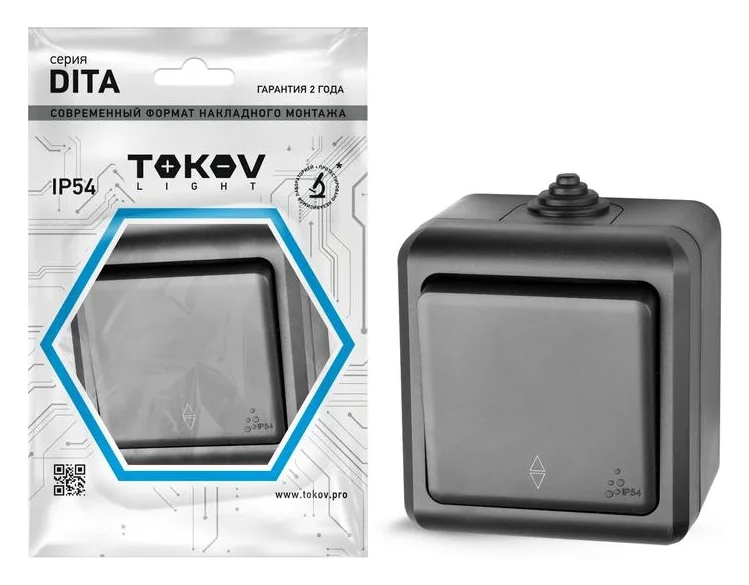 Переключатель 1-кл. ОП Dita IP54 10А 250В карбон TOKOV ELECTRIC TKL-DT-P1-C14-IP54