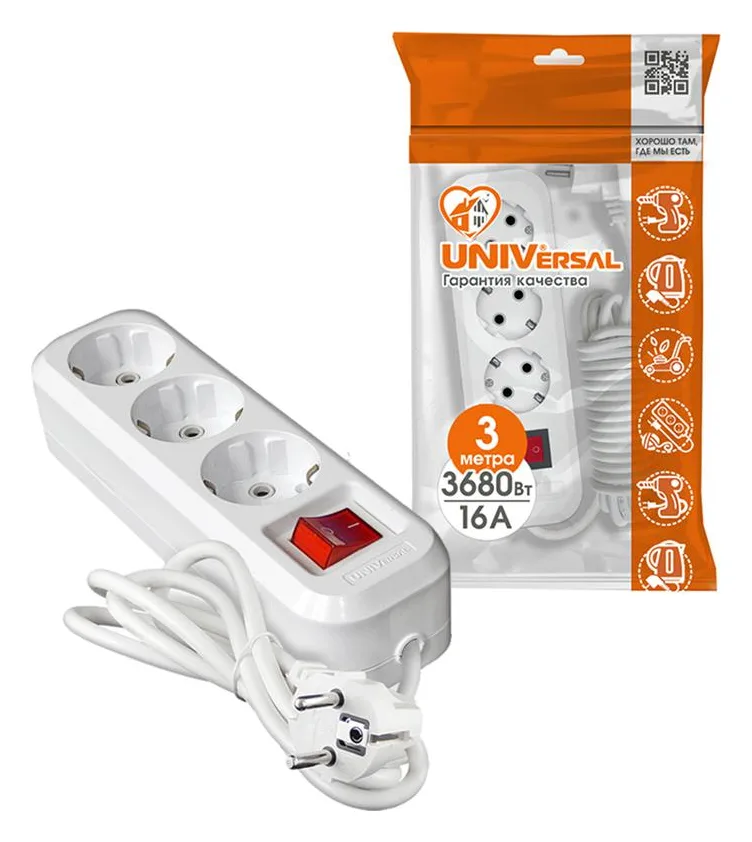 Удлинитель 3х3м с заземл. IP20 S-303А ПВС 3х1.5 с выкл. Universal 1726