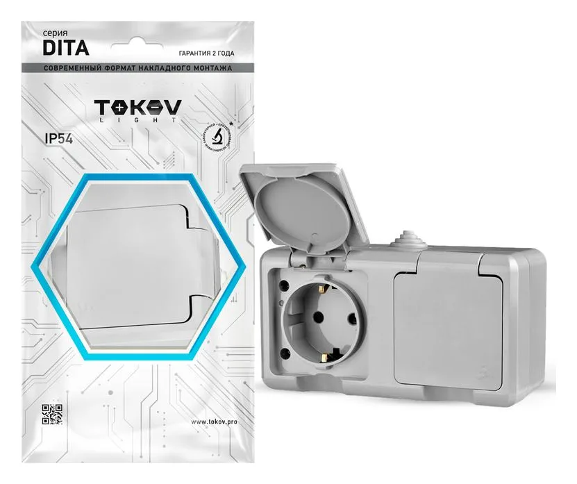 Розетка 2-м ОП Dita 16А IP54 250В с заземл. с крышкой сер. TOKOV ELECTRIC TKL-DT-R2Z-C06-IP54