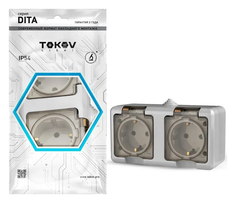 Розетка 2-м ОП Dita 16А IP54 250В с заземл. с прозр. крышкой сер.TOKOV ELECTRIC TKL-DT-R2Z-C06T-IP54