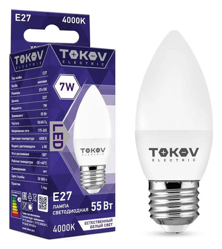 Лампа светодиодная 7Вт С37 4000К Е27 176-264В TOKOV ELECTRIC TKE-C37-E27-7-4K