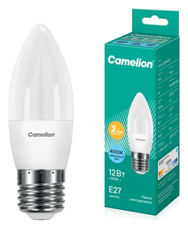 Лампа светодиодная LED12-C35/845/E27 12Вт свеча матовая 4500К бел. E27 220В Camelion 13690