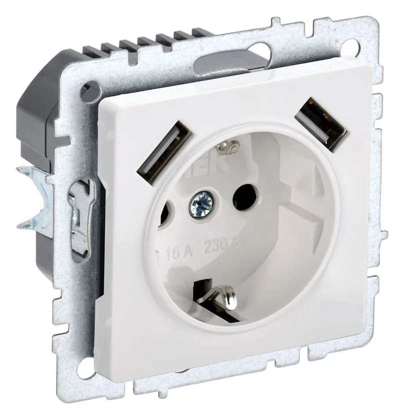 Розетка BRITE РЮш10-1-БрБ 16А с USB A+A 2.1А с заземл. защ. шторки механизм бел. IEK BR-R14-16-U21-D21-K01