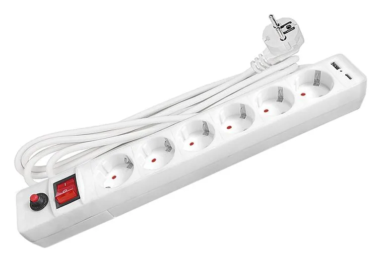 Удлинитель с сетевым фильтром 6х5м с заземл. 10А IP20 2.2кВт USB type-A + type-C ПВС 3х0.75 с выкл. бел. UNIVersal 2545
