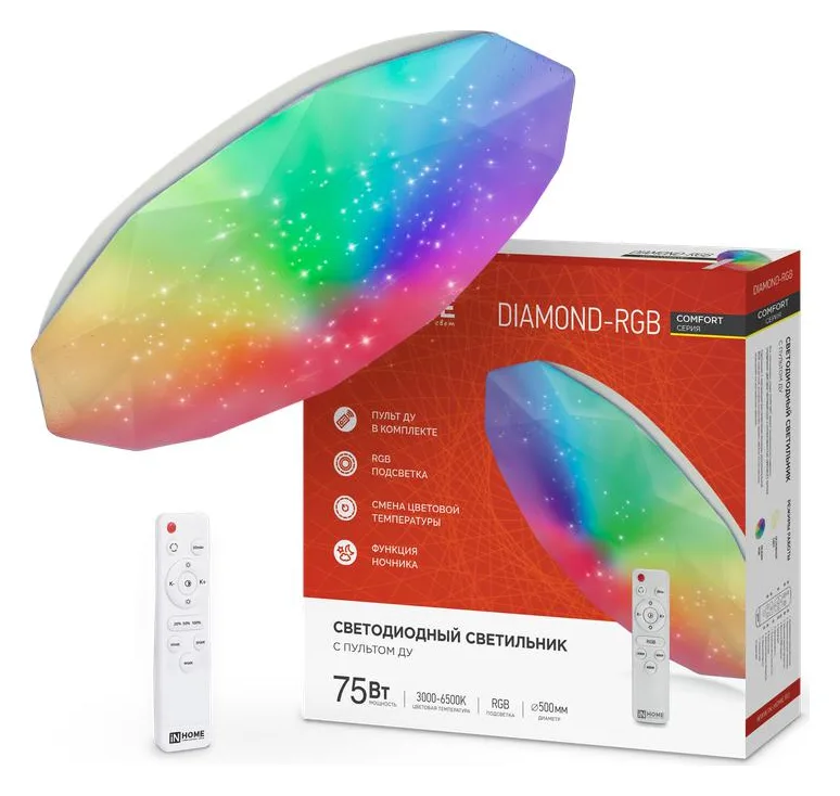Светильник светодиодный COMFORT DIAMOND-RGB 75Вт 3000-6500К 6000лм 230В 500х90мм с пультом ДУ IN HOME 4690612044583