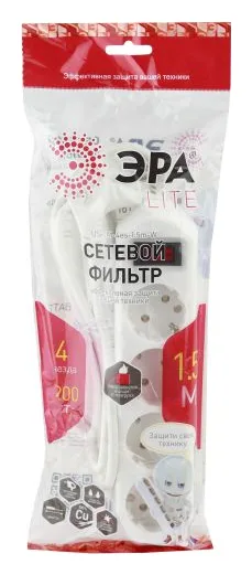 Удлинитель с сетевым фильтром 4х1.5м с заземл. 10А IP20 USF-M-4es-1.5m-W ПВС 3х0.75 с выкл. бел. Эра Б0019741