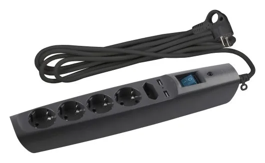 Удлинитель с сетевым фильтром 5х2м с заземл. 10А IP20 U-5es-2m-B 2хUSB ПВС 3х0.75 с выкл. защ. шторки черн. Эра C0043326