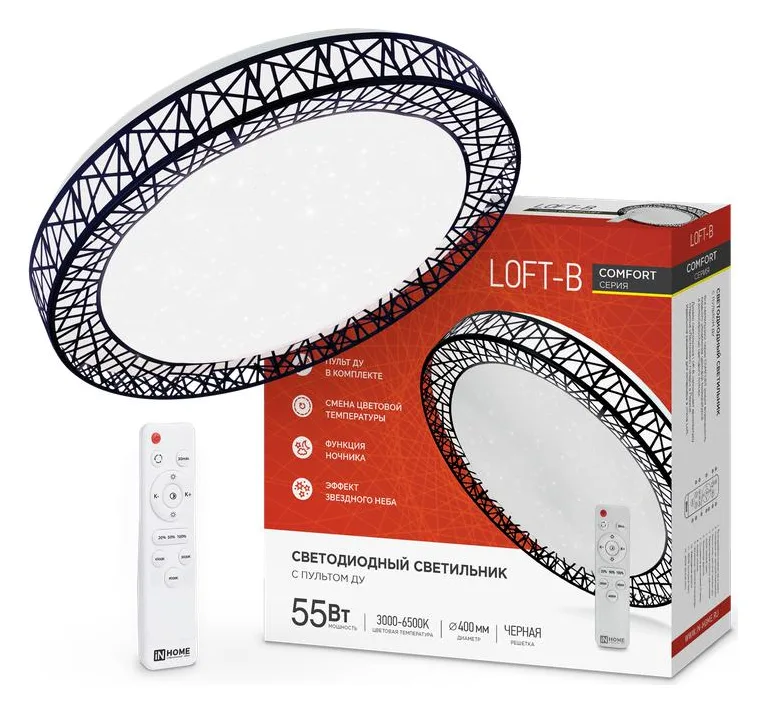 Светильник светодиодный COMFORT Loft-B 55Вт 3000-6500К 4400лм 230В 400х105мм с пультом ДУ IN HOME 4690612034775