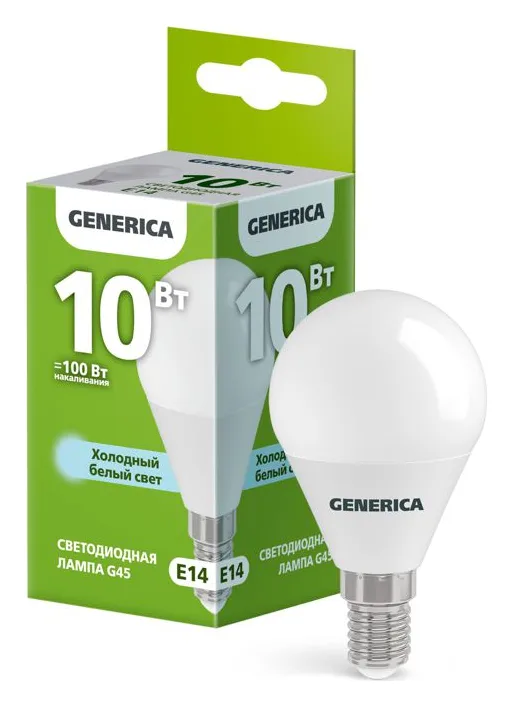 Лампа светодиодная G45 10Вт шар 6500К E14 230В GENERICA LL-G45-10-230-65-E14-G