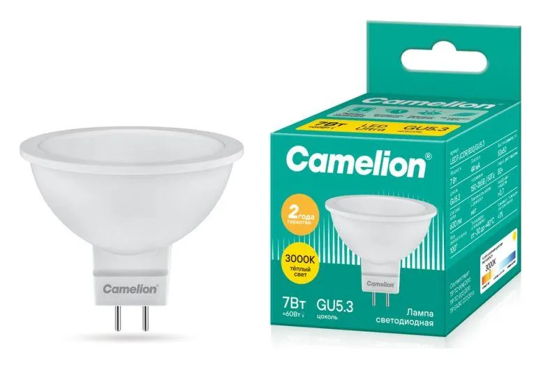 Лампа светодиодная LED7 JCDR/830/GU5.3 7Вт рефлектор матовая 3000К тепл. бел. GU5.3 490лм 220В Camelion 11656