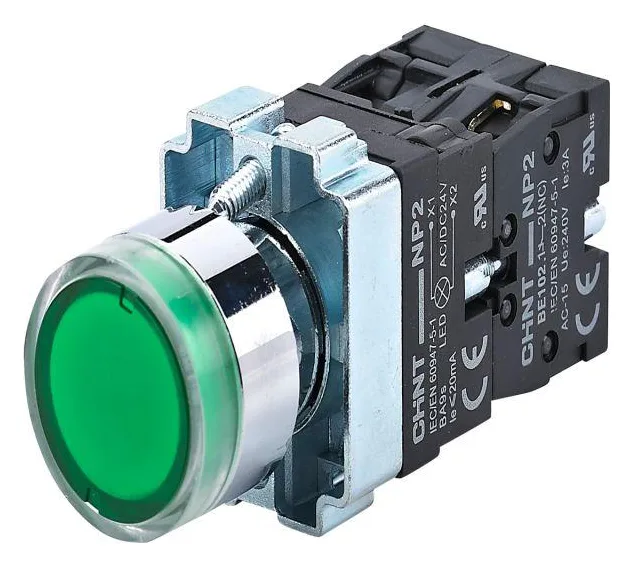 Кнопка управления NP2-BW3365 плоская 1НО+1НЗ AC/DC230В (LED) IP40 (R) зел. CHINT 574365