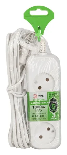 Удлинитель 3х5м без заземл. 6А IP20 GREEN LINE UDL-6-350 ШВВП 2х0.75 Эра Б0065070