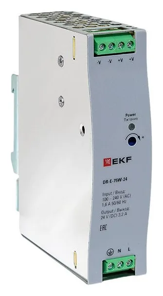 Блок питания на дин рейку 75Вт Uвх 220В AC Uвых 24В DC постоянного тока EKF DR-E-75W-24