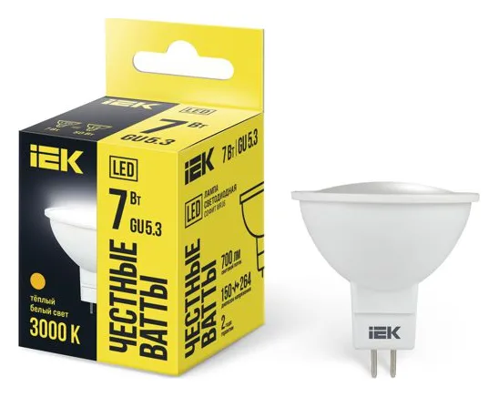 Лампа светодиодная MR16 7Вт 3000К тепл. бел. GU5.3 630лм 230-240В IEK LLE-MR16-7-230-30-GU5