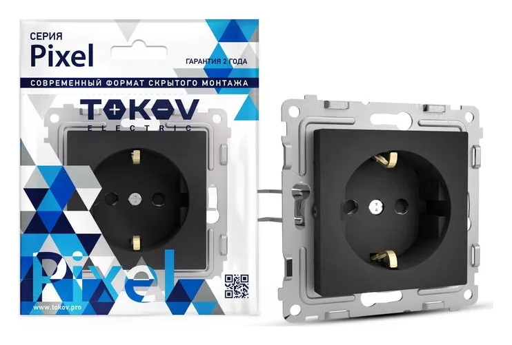 Розетка 1-м СП Pixel 16А IP20 с заземл. защ. шторки механизм карбон TOKOV ELECTRIC TKE-PX-R1ZSF-C14