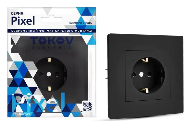 Розетка 1-м СП Pixel 16А IP20 с заземл. защ. шторки в сборе карбон TOKOV ELECTRIC TKE-PX-R1FZSF-C14