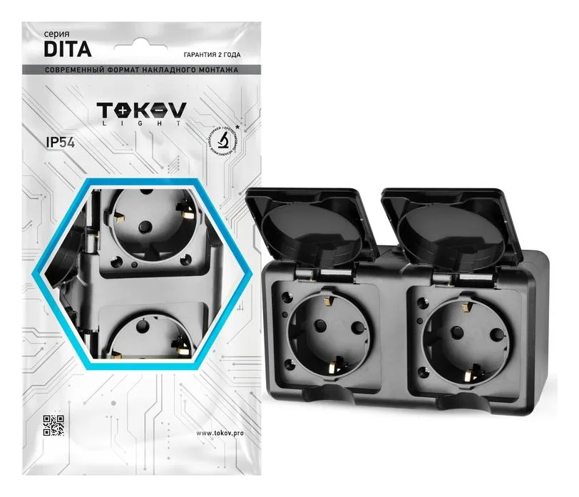 Розетка 2-м ОП Dita 16А IP54 250В с заземл. с крышкой карбон TOKOV ELECTRIC TKL-DT-R2Z-C14-IP54