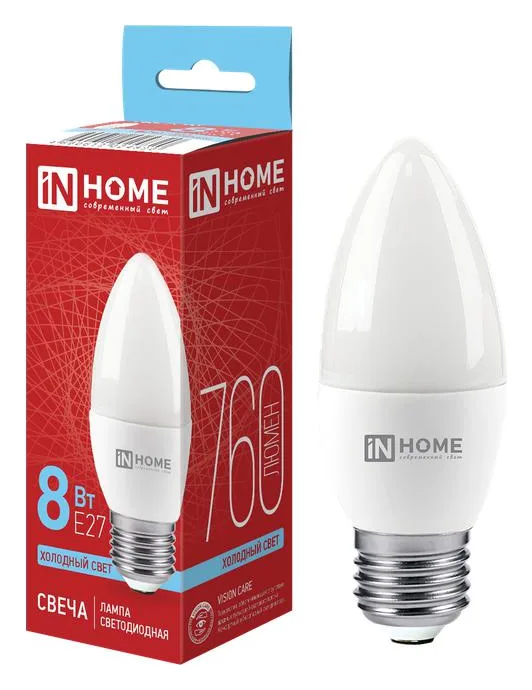 Лампа светодиодная LED-СВЕЧА-VC 8Вт свеча 6500К холод. бел. E27 760лм 230В IN HOME 4690612024820