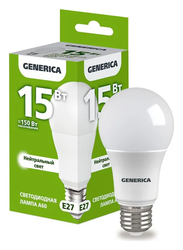 Лампа светодиодная A60 15Вт грушевидная 4000К E27 230В GENERICA LL-A60-15-230-40-E27-G