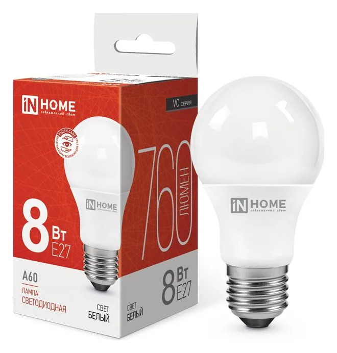 Лампа светодиодная LED-A60-VC 8Вт грушевидная 4000К нейтр. бел. E27 760лм 230В IN HOME 4690612024028