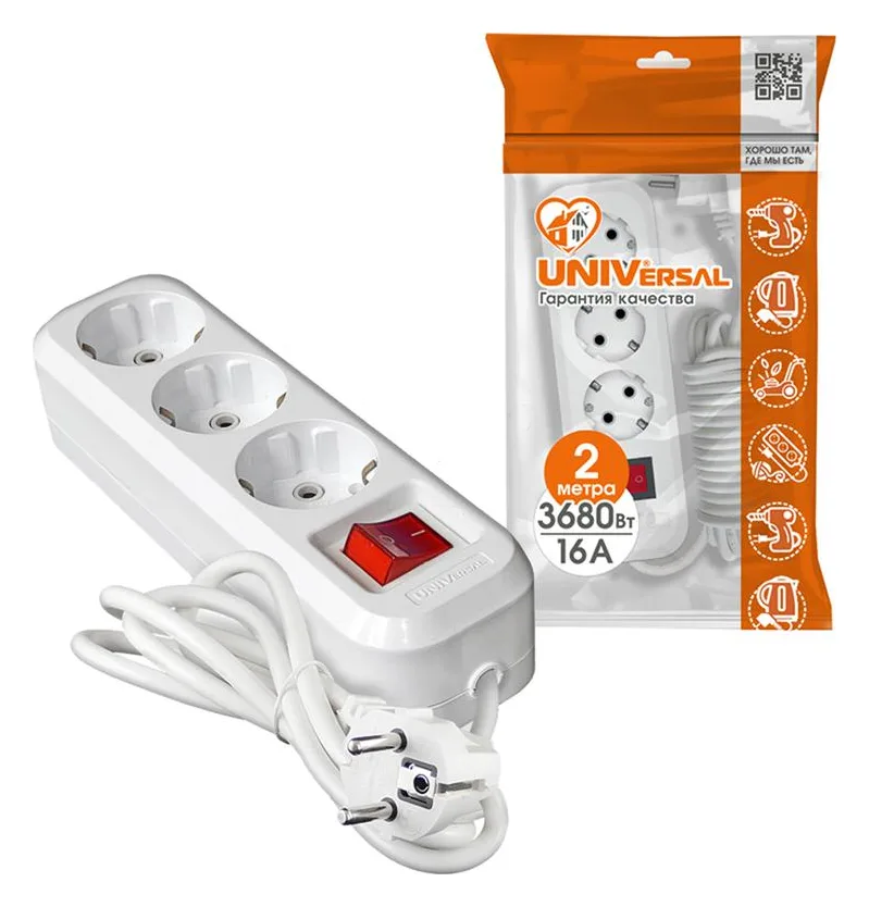 Удлинитель 3х2м с заземл. 16А IP20 S-303 ПВС 3х1 с выкл. UNIVersal 9634418