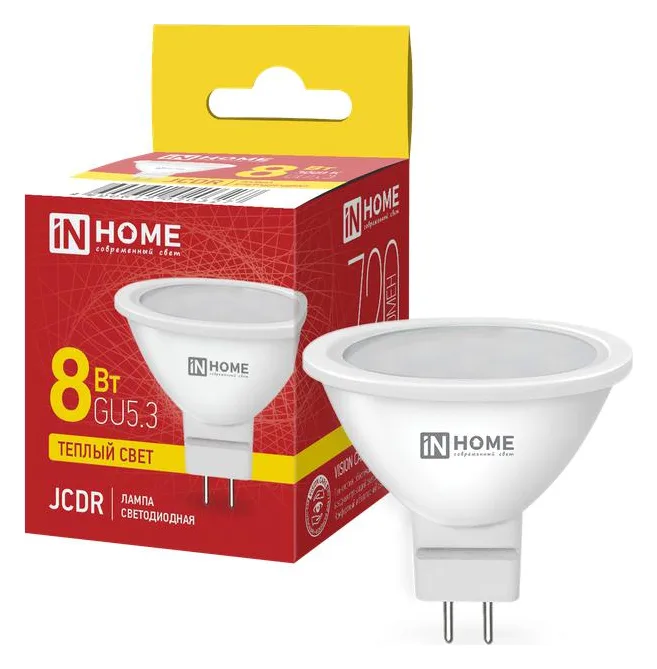 Лампа светодиодная LED-JCDR-VC 8Вт рефлектор 3000К тепл. бел. GU5.3 720лм 230В IN HOME 4690612020327