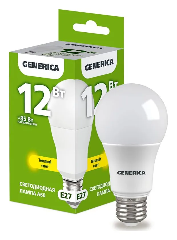 Лампа светодиодная A60 12Вт грушевидная 3000К E27 230В GENERICA LL-A60-12-230-30-E27-G