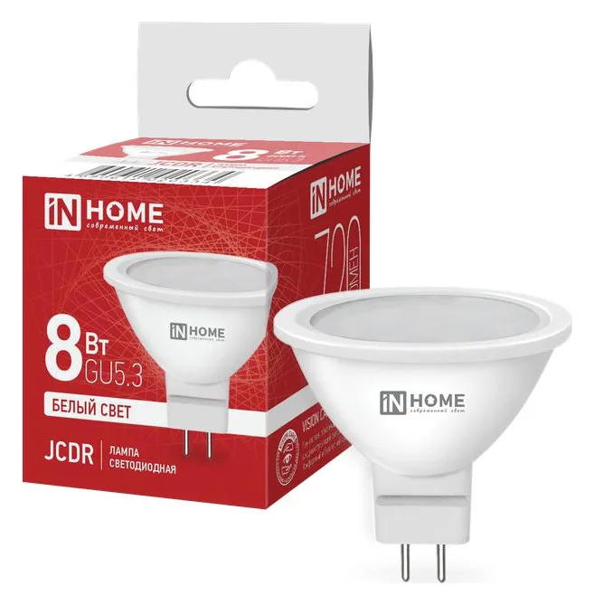 Лампа светодиодная LED-JCDR-VC 8Вт рефлектор 4000К нейтр. бел. GU5.3 720лм 230В IN HOME 4690612020334