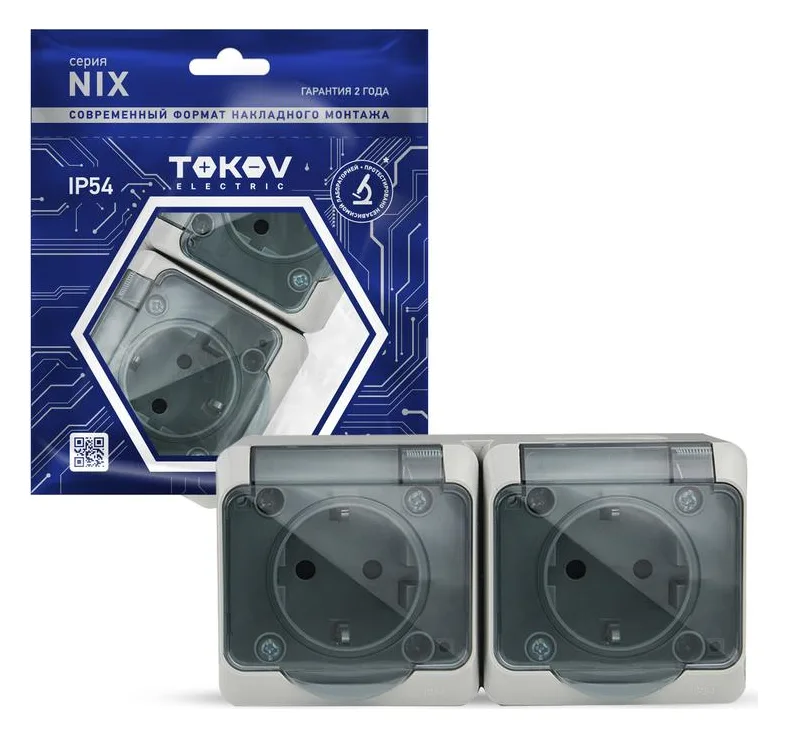 Розетка 2-м ОП Nix 16А IP54 250В с заземл. с прозр. крышкой сер. TOKOV ELECTRIC TKE-NX-R2Z-C06T-IP54