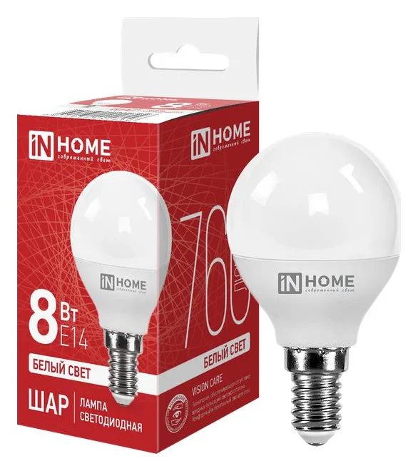 Лампа светодиодная LED-ШАР-VC 8Вт шар 4000К нейтр. бел. E14 760лм 230В IN HOME 4690612020556