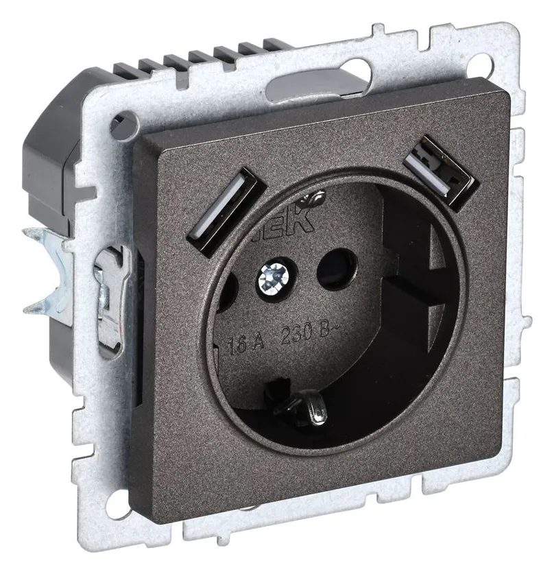 Розетка BRITE РЮш10-1-БрТБ 16А с USB A+A 2.1А с заземл. защ. шторки темн. механизм бронза IEK BR-R14-16-U21-D21-K45
