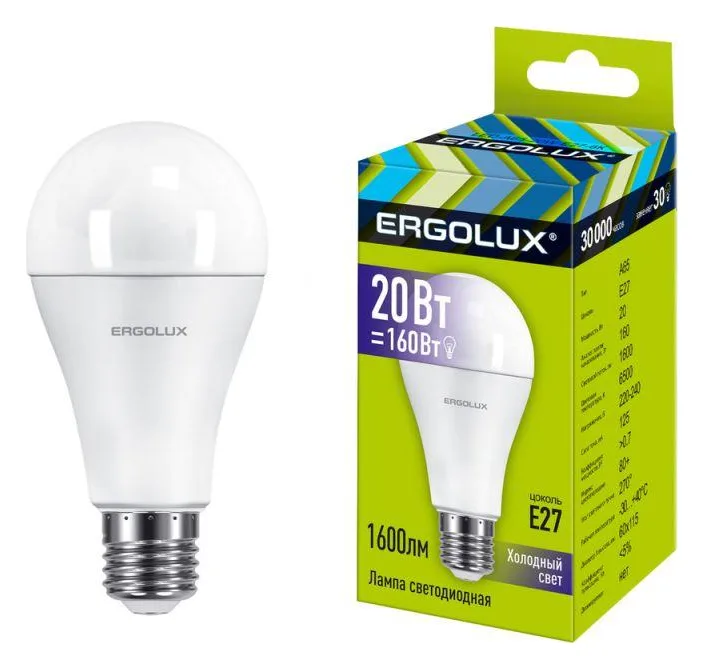 Лампа светодиодная LED-A65-20W-E27-6K 20Вт грушевидная матовая 6500К холод. бел. E27 220-240В ЛОН Ergolux 13184
