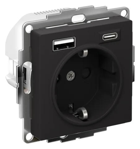 Розетка AtlasDesign 16А с 2-мя заряд. устройствами USB тип A+C 5В/2.4А 2х5В/1.2А механизм карбон SE ATN001032
