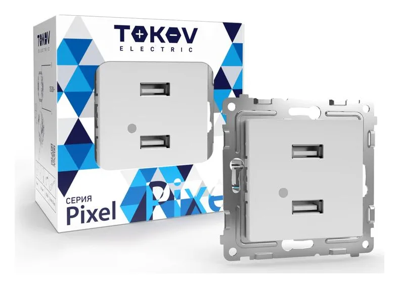 Розетка 2-м USB СП Pixel тип A+A 5В 1х2.1А 2х1.05А механизм бел. TOKOV ELECTRIC TKE-PX-2USB-C01