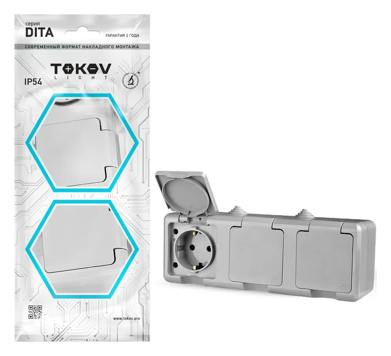 Розетка 3-м ОП Dita 16А IP54 250В с заземл. с сер. крышкой сер. TOKOV ELECTRIC TKL-DT-R3Z-C06-IP54