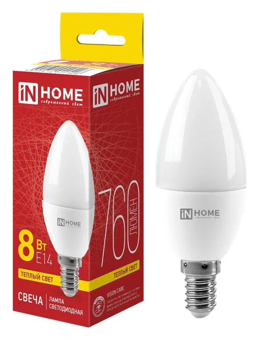 Лампа светодиодная LED-СВЕЧА-VC 8Вт свеча 3000К тепл. бел. E14 760лм 230В IN HOME 4690612020426