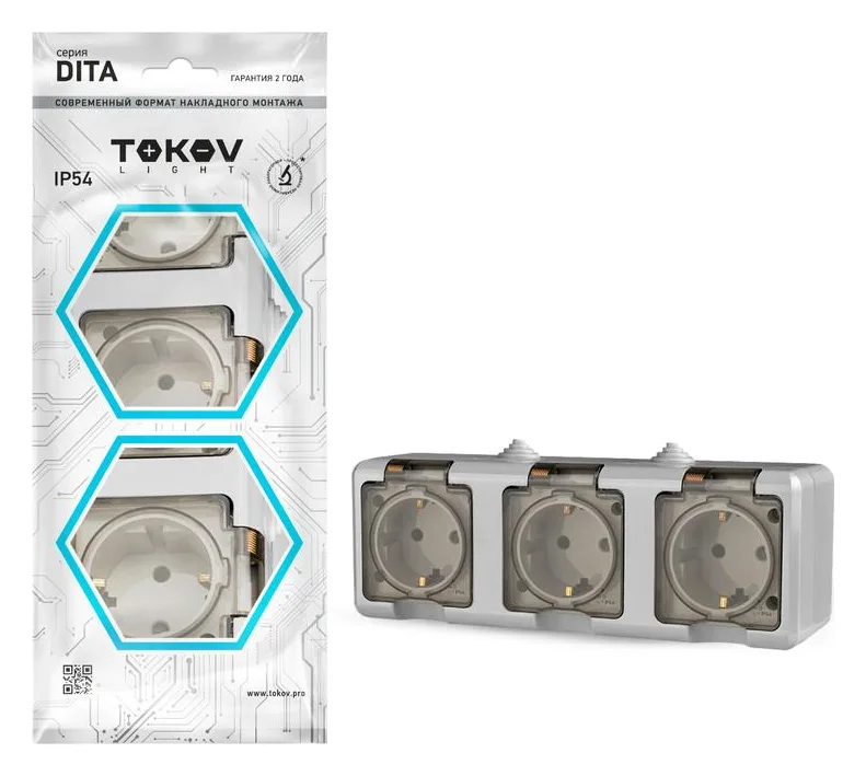 Розетка 3-м ОП Dita 16А IP54 250В с заземл. с прозр. крышкой сер.TOKOV ELECTRIC TKL-DT-R3Z-C06T-IP54