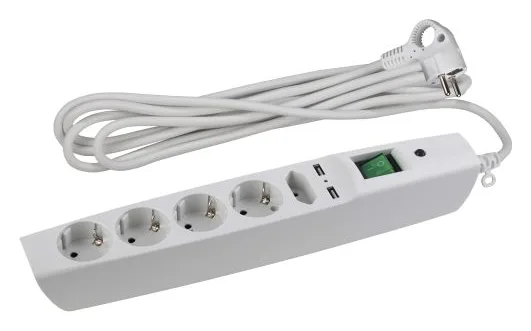 Удлинитель с сетевым фильтром 5х2м с заземл. 10А IP20 U-5es-2m-W 2хUSB ПВС 3х0.75 с выкл. защ. шторки бел. Эра C0043327
