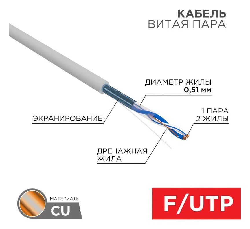 Кабель витая пара F/UTP кат.5e 1х2х24AWG solid PVC INDOOR сер. (м) Rexant 01-0120